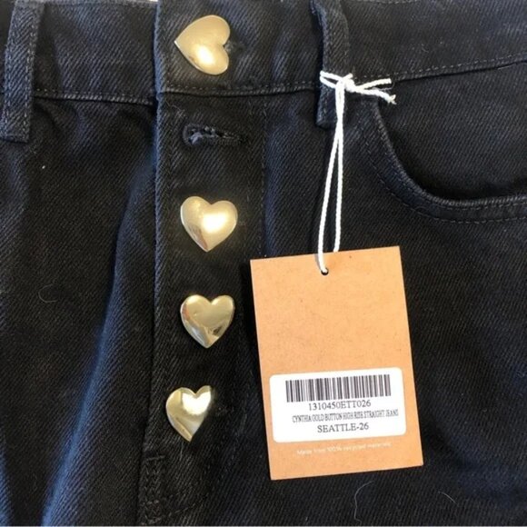 NWT Reformation Cynthia Black Straight Leg Jeans Heart Shaped Gold Buttons 26 - Picture 1 of 5